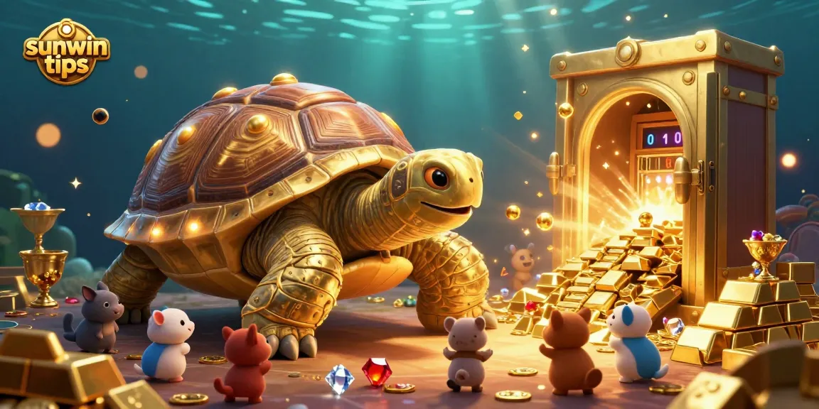 Spin with excitement at sunwin tips as a colossal golden tortoise reveals treasure in a vibrant casino scene.