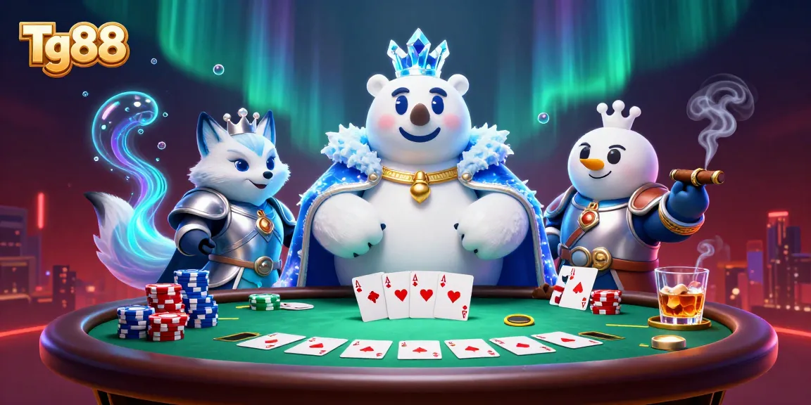 Exciting gameplay scenes at Tg88 with a polar bear king and snow fox gambling with poker elements.