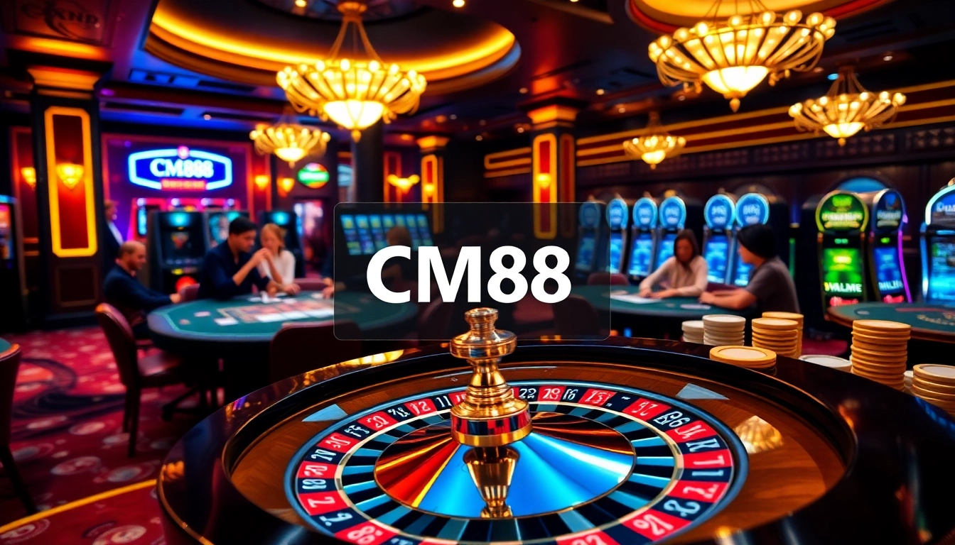 Experience the thrill of betting at CM88 with a vibrant casino scene featuring roulette and poker chips.