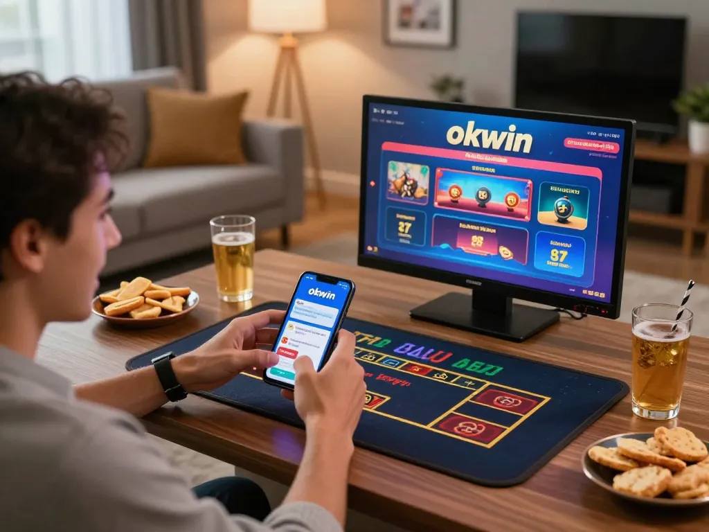 Engaging in online gambling with the okwin app on smartphone, showing excitement and strategic betting in a cozy home setting