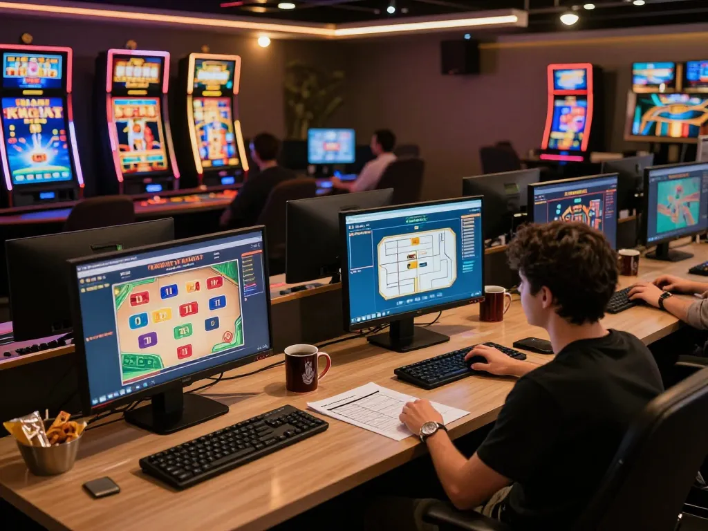 Sbobet11 online gaming setup with multiple screens showing casino games, creating an engaging atmosphere