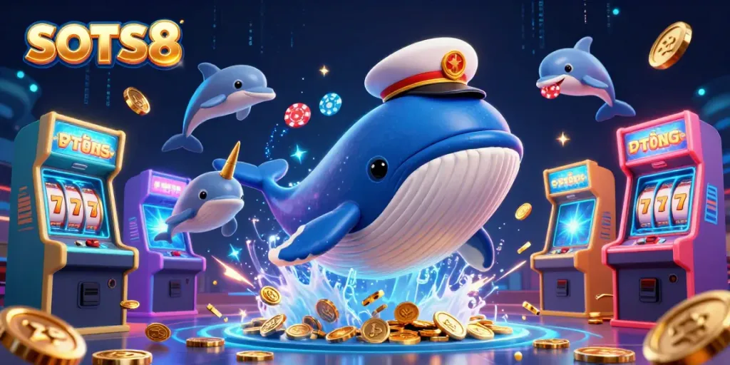 SLOTS8 captures a fun gaming scene with a cartoon whale and dolphins playing with coins and poker chips.