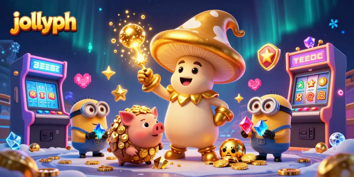 Experience thrilling slots and treasures with jollyph in this dynamic 3D casino illustration.