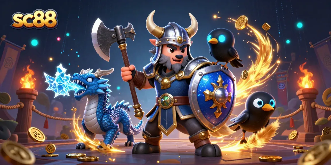 Experience sc88 with a Viking wolf warrior and fierce dragon in an epic casino setting.