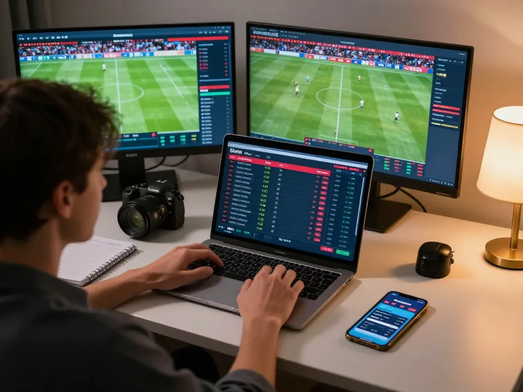 SOCOLIVE user engaging in live sports betting with multiple screens showing matches, creating an exciting atmosphere.
