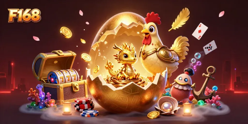 Experience the thrilling F168 online casino world with a dazzling golden dragon, poker chips, and vibrant game elements.