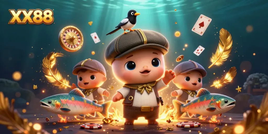 Engage with XX88 casino excitement through this vibrant 3D illustration featuring playful characters.