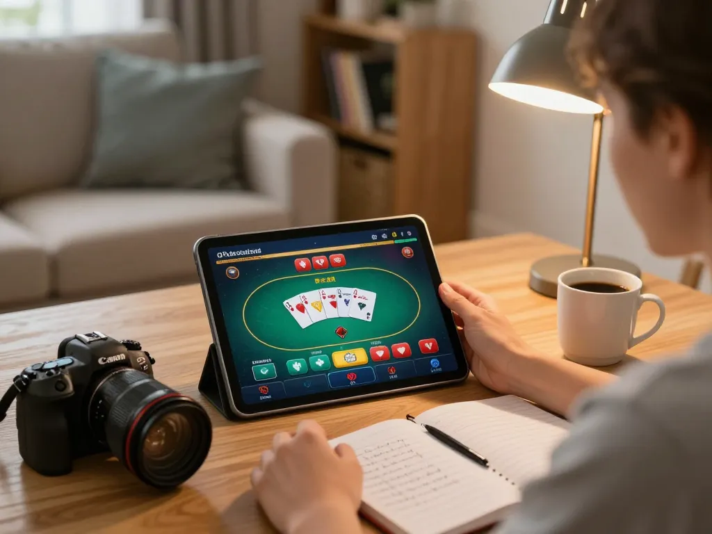 Player using phsky app on a tablet for online poker from a cozy home setup, showcasing strategy notes.