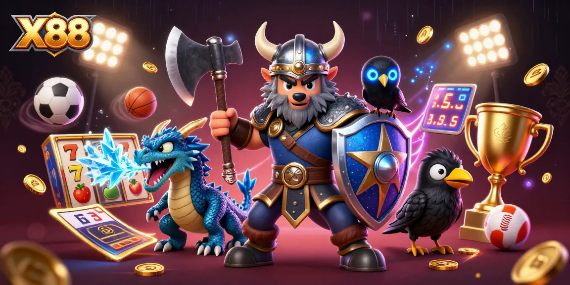 X88 captures thrilling gaming action with Viking warrior and dragon in a vibrant casino world.
