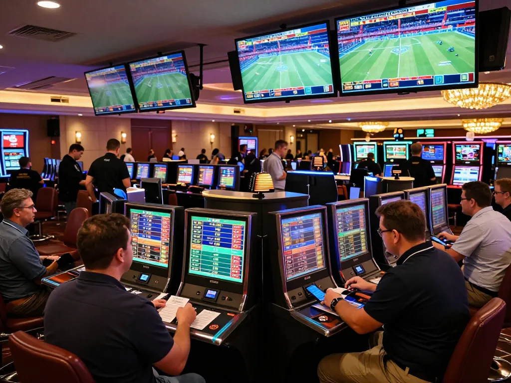 Kèo nhà cái sports betting enthusiasts analyzing odds at a modern casino