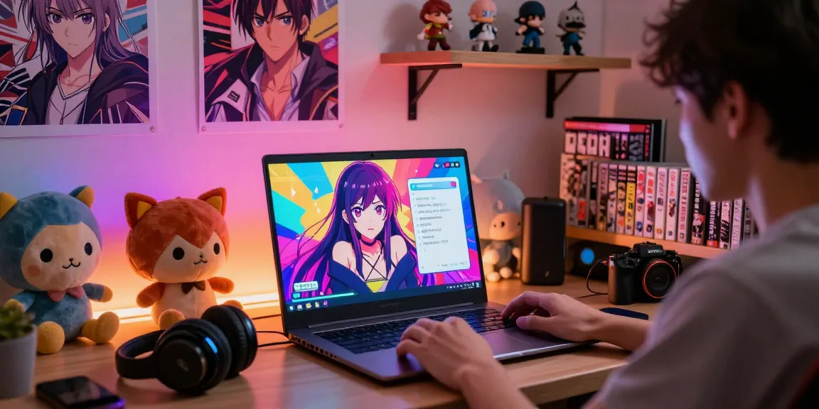 Engaging in ai ecchi chat with vibrant anime character on a sleek laptop in a cozy gaming room.