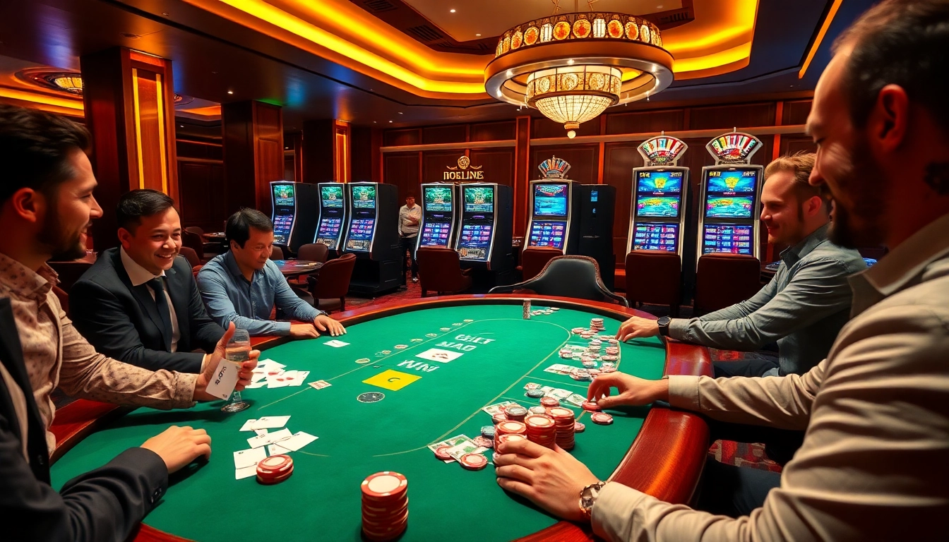 Engaging poker game action at okwin com casino, with vibrant atmosphere and high-stakes excitement.