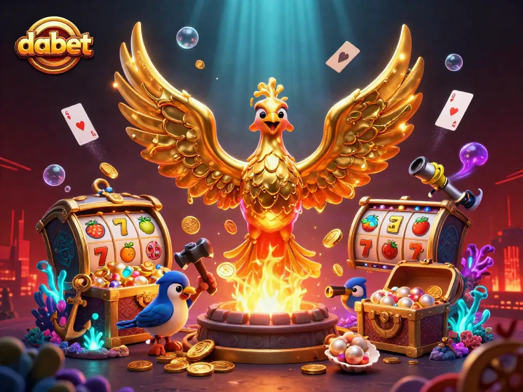 Dabet's golden phoenix engages players with thrilling slots in a rich 3D casino scene.