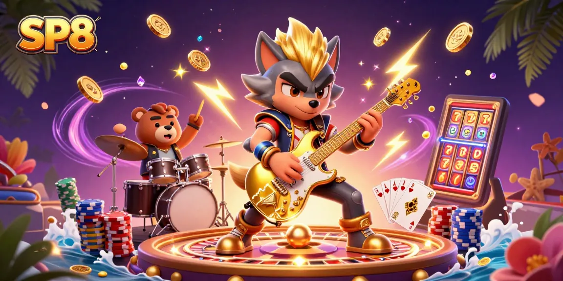 Experience thrilling gameplay with SP8 in an exciting casino atmosphere filled with coins and gems.