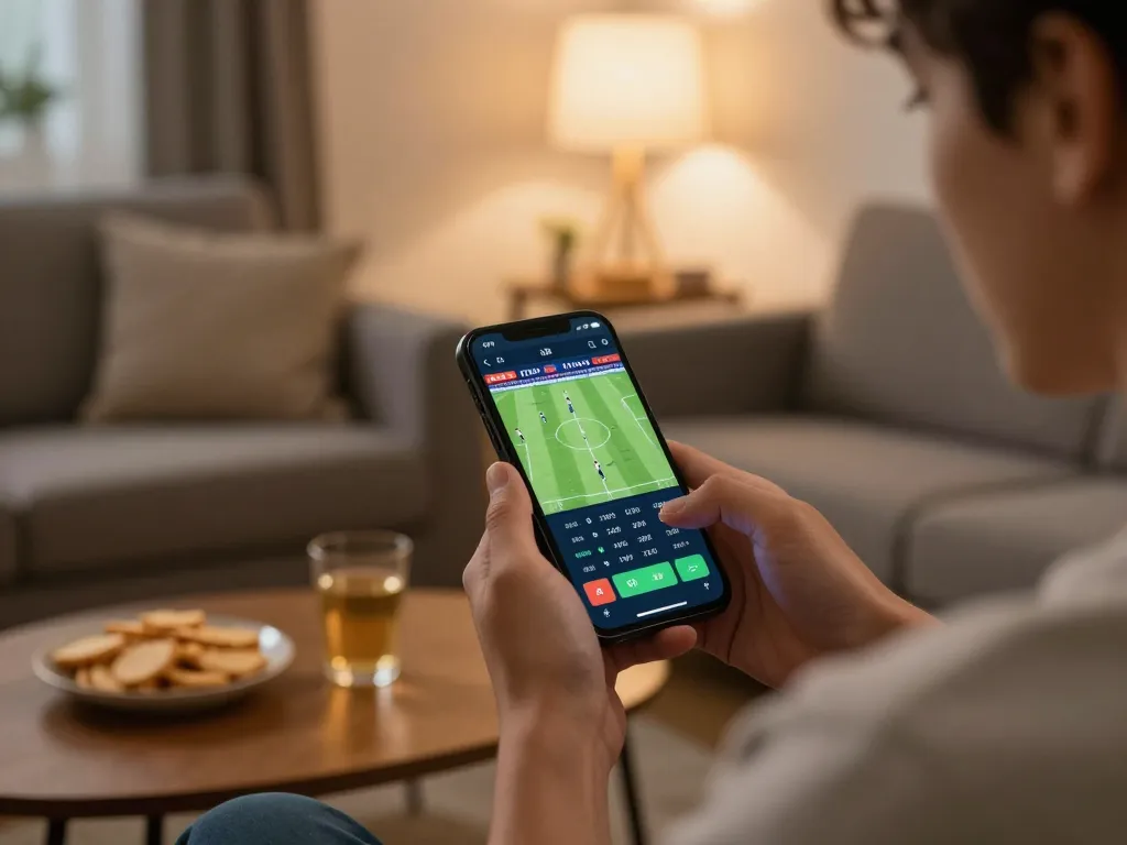 Xoilac user engaging in sports betting on smartphone with live football odds in a cozy home.