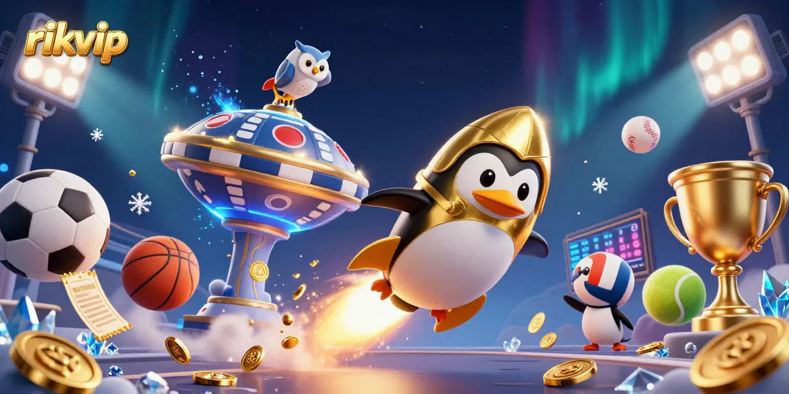 Experience the excitement of rikvip with a dynamic casino-themed 3D illustration featuring a golden penguin in space.