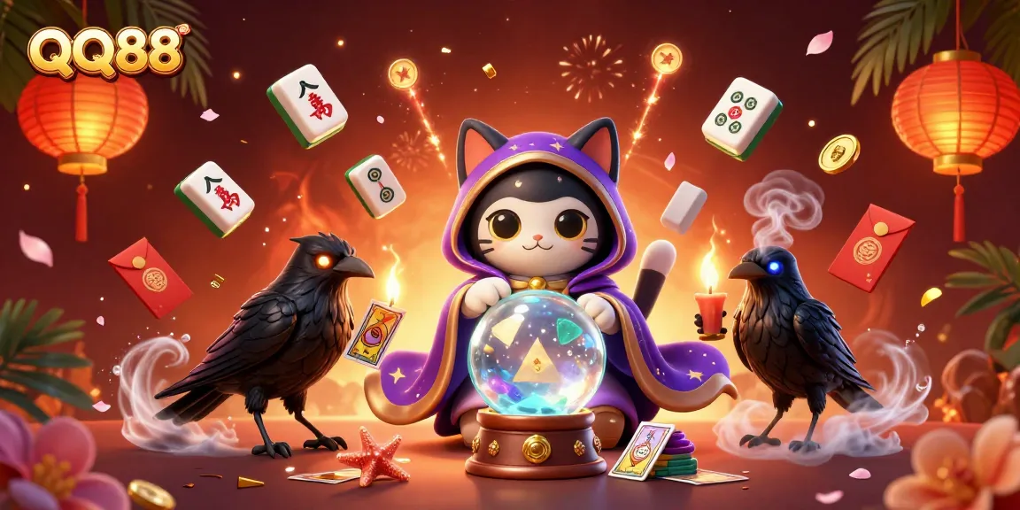 Engage with QQ88's mystic cat and raven in a whimsical casino scene brimming with excitement.