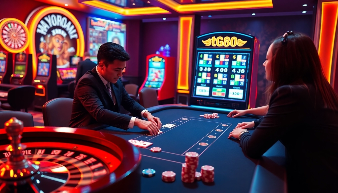 Players engaging in poker at tg88 online casino with vibrant slot machines in the background.