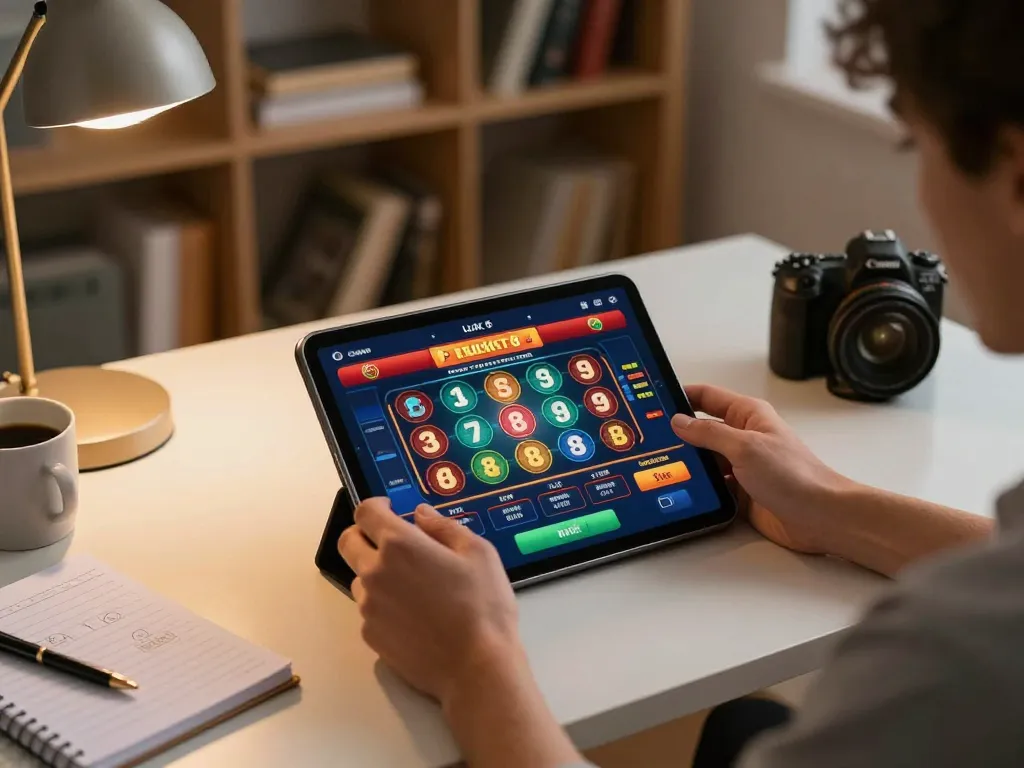 Engaging in online gaming with luck 8 interface displayed on tablet in cozy home setting.