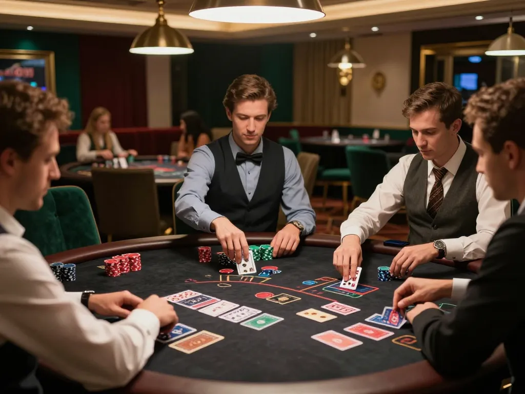 Fly88 players strategizing during a live blackjack game with dealer and cards visible
