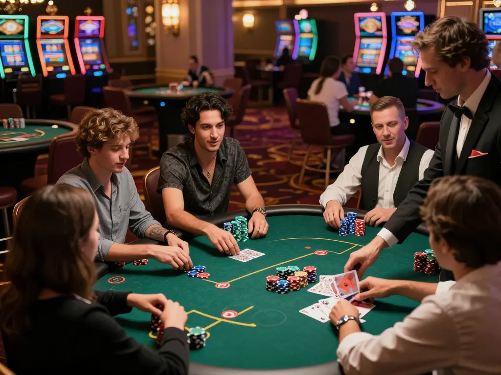 Players engaged at a poker table in luxury casino setting on lu88xz, featuring chips and cards.