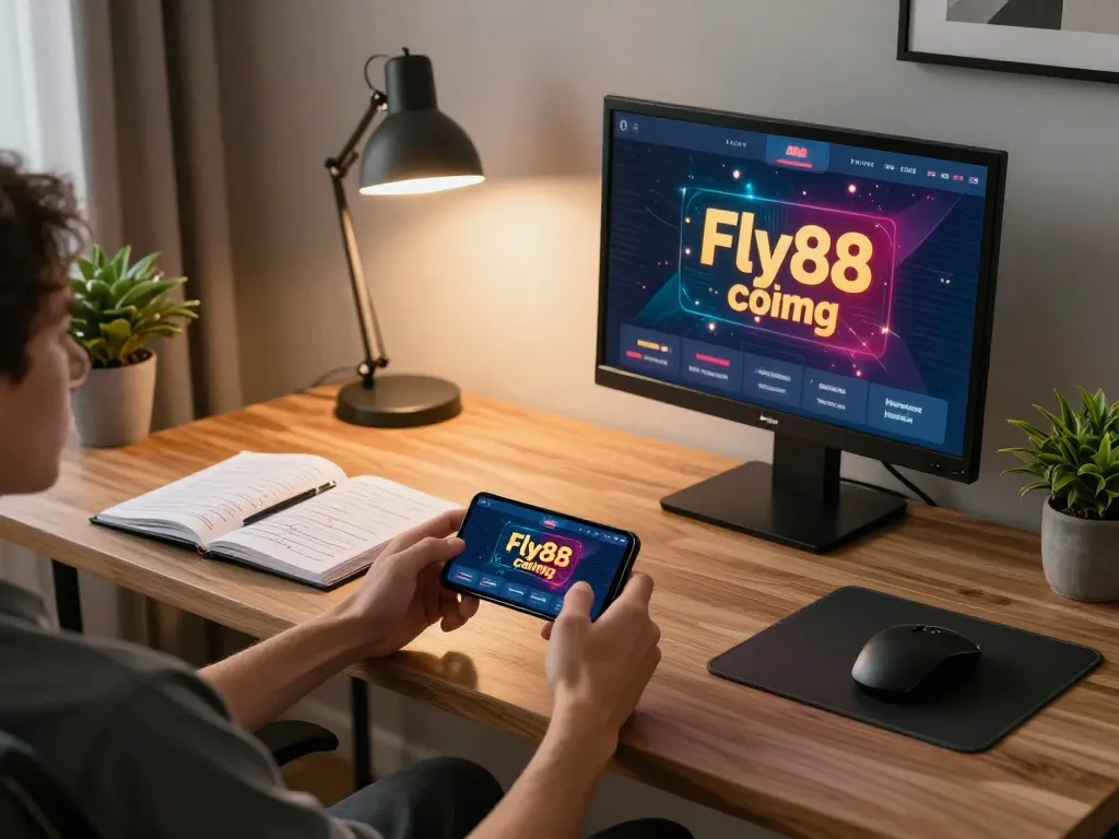 Engaging with Fly88 com app on mobile device in a cozy home setting, highlighting strategic online gaming.