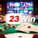 Experience the thrill of gambling with 23Win's vibrant casino visuals filled with roulette, cards, and chips.