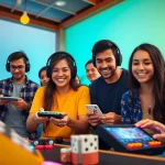 Dynamic scene showcasing 399W online betting platform with diverse users engaging in casual gaming and sound experiences.