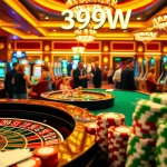 Engaging poker scene at the casino with 399W branding, showcasing vibrant gameplay and excitement.