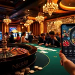 Exciting gambling scene featuring NK88 app interface and dynamic players at casino tables.