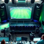 Capture dynamic sports broadcasting in a modern studio showcasing equipment and live coverage.