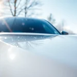 PPF winter road salt protection on a car in snow, showcasing durability and shine.