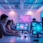 Innovative workspace for AI porn creation showcasing artists using cutting-edge technology.