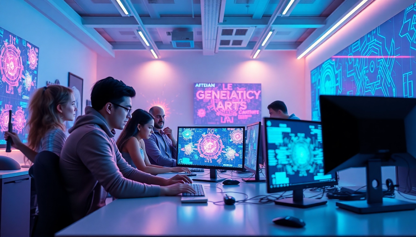 Innovative workspace for AI porn creation showcasing artists using cutting-edge technology.