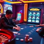 Players engaging in poker at tg88 online casino with vibrant slot machines in the background.