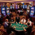 Players enjoying a thrilling game night at SC88 Casino, lively atmosphere with colorful slots and engaged gaming tables