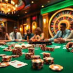 Exciting casino action at https://8day.reisen/ with poker chips, cards, and a roulette wheel.