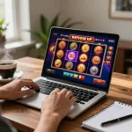 Engaging in pokies Australia gameplay on a stylish laptop at home, emphasizing strategy and comfort.