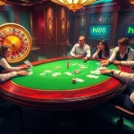 Experience the thrill of poker at Hi88 Casino with players, chips, and a spinning roulette wheel.