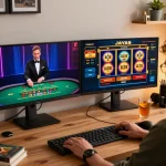 Players enjoy JAYA9 live dealer games on dual monitors at home workstation.