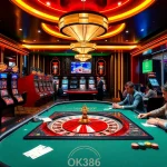 Experience the excitement of OK8386 with gambling tables, vibrant slot machines, and poker players.