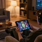B52 players enjoying strategic online slot games in a cozy home setting with engaging graphics.