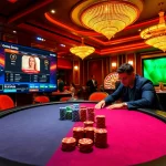 Engaged players at a thabet college-themed poker table in a vibrant casino atmosphere.