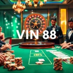 Engage with thrilling casino games at VIN 88 through an exciting gambling scene featuring poker and roulette.