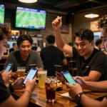 Bóng đá Bet168 betting excitement with sports fans placing bets using smartphones in a lively sports bar.