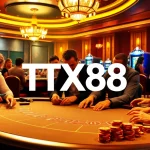 Engaged gamblers playing poker at a vibrant casino table featuring TX88, showcasing excitement and strategy.