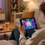 Player enjoying 88clb online casino game on tablet in a cozy home setup