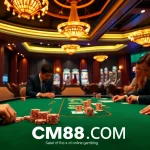 Experience the thrill at CM88 COM with a vibrant poker table scene featuring luxurious chips and guests focused on their game.