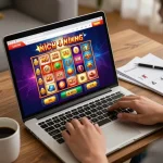 Nổ hũ gameplay on a laptop in a cozy home setting, showcasing vibrant casino graphics and excitement.