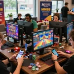 Players enjoying MM88 games in a vibrant online gaming lounge with colorful ambiance and social interaction.